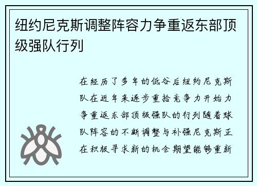 纽约尼克斯调整阵容力争重返东部顶级强队行列