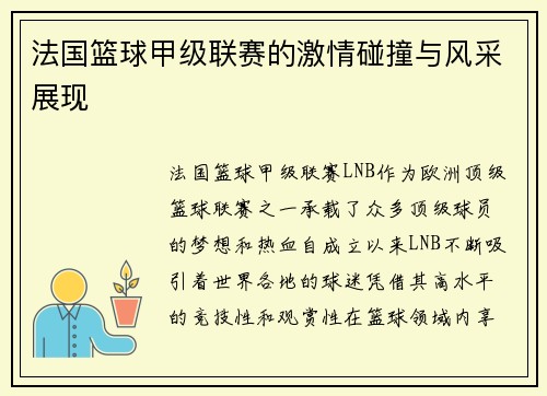 法国篮球甲级联赛的激情碰撞与风采展现