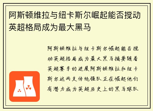 阿斯顿维拉与纽卡斯尔崛起能否搅动英超格局成为最大黑马